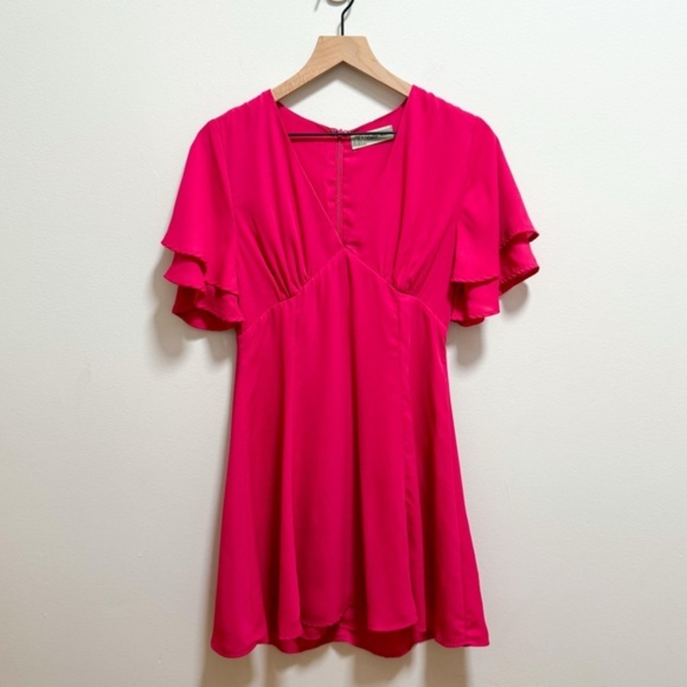 Vintage hot pink fuchsia barbiecore coquette v neck dress ruffle‎ sleeve small